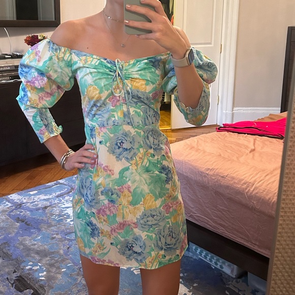 *NWT* Zara Off The Shoulder Printed Neon Multicolor Watercolor Dress; size XS - Picture 5 of 5